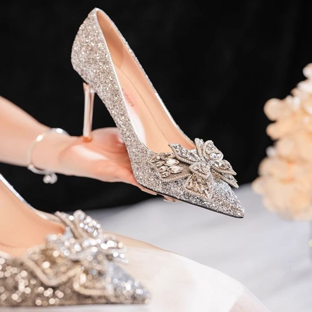 Malika silver stiletto heel height and sole view