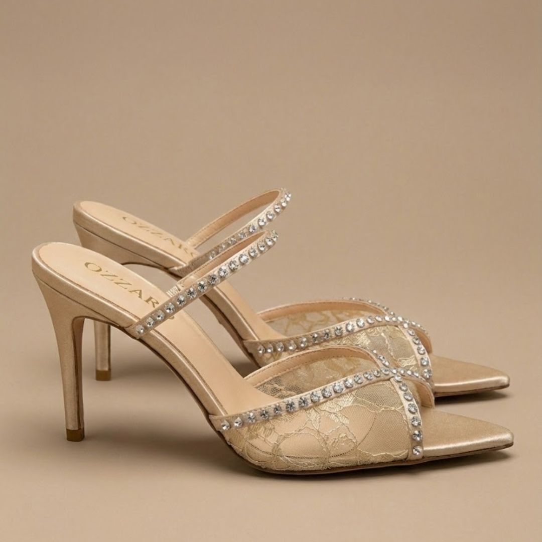 Beige/Gold high-Party heelwith crystal straps 