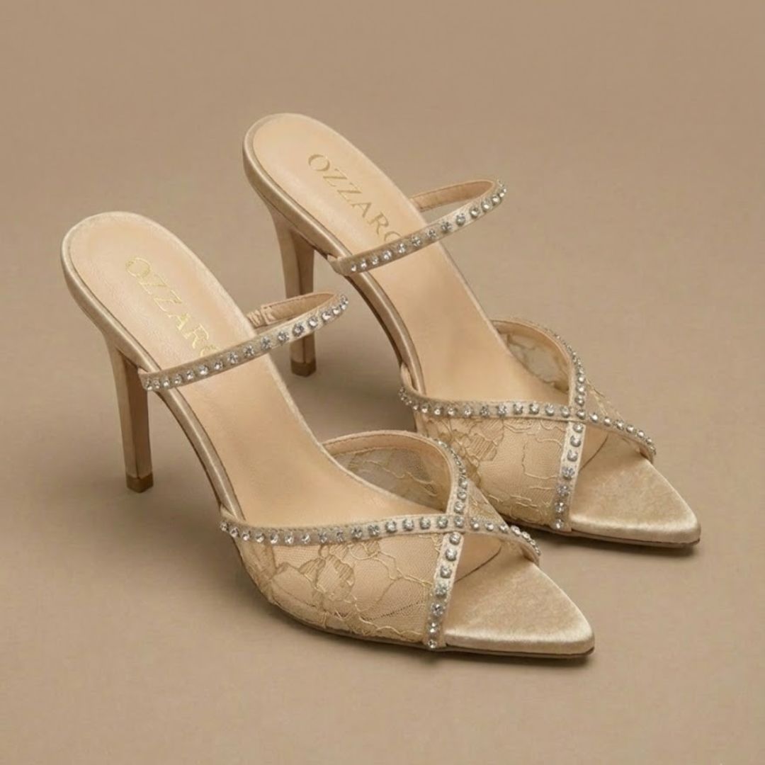 Beige/Gold high-Party heelwith crystal straps 