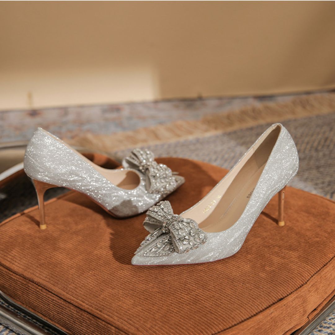 Shehzadi silver heels diamond-studded French bow detail