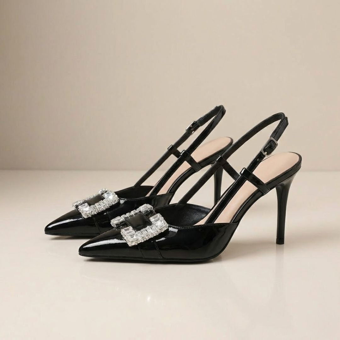 Black high-party heel with crystal buckles 