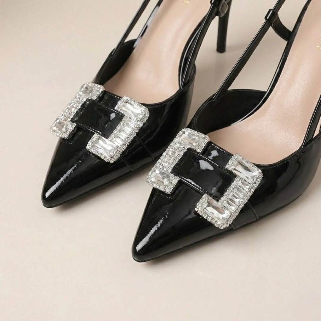 Black high-party heel with crystal buckles 
