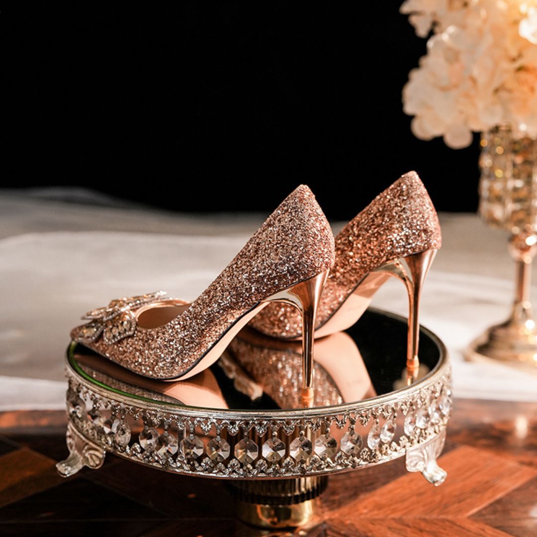 Malika champagne bridal stiletto heels - side profile