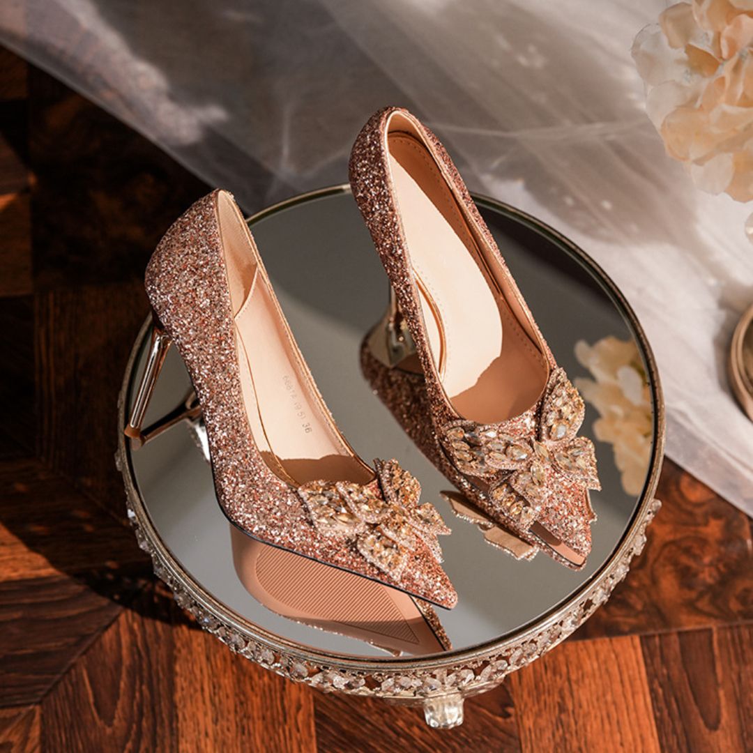Malika champagne heels rhinestone butterfly detail