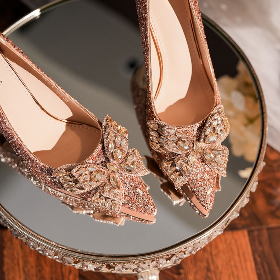 Malika champagne stiletto heel height and sole view