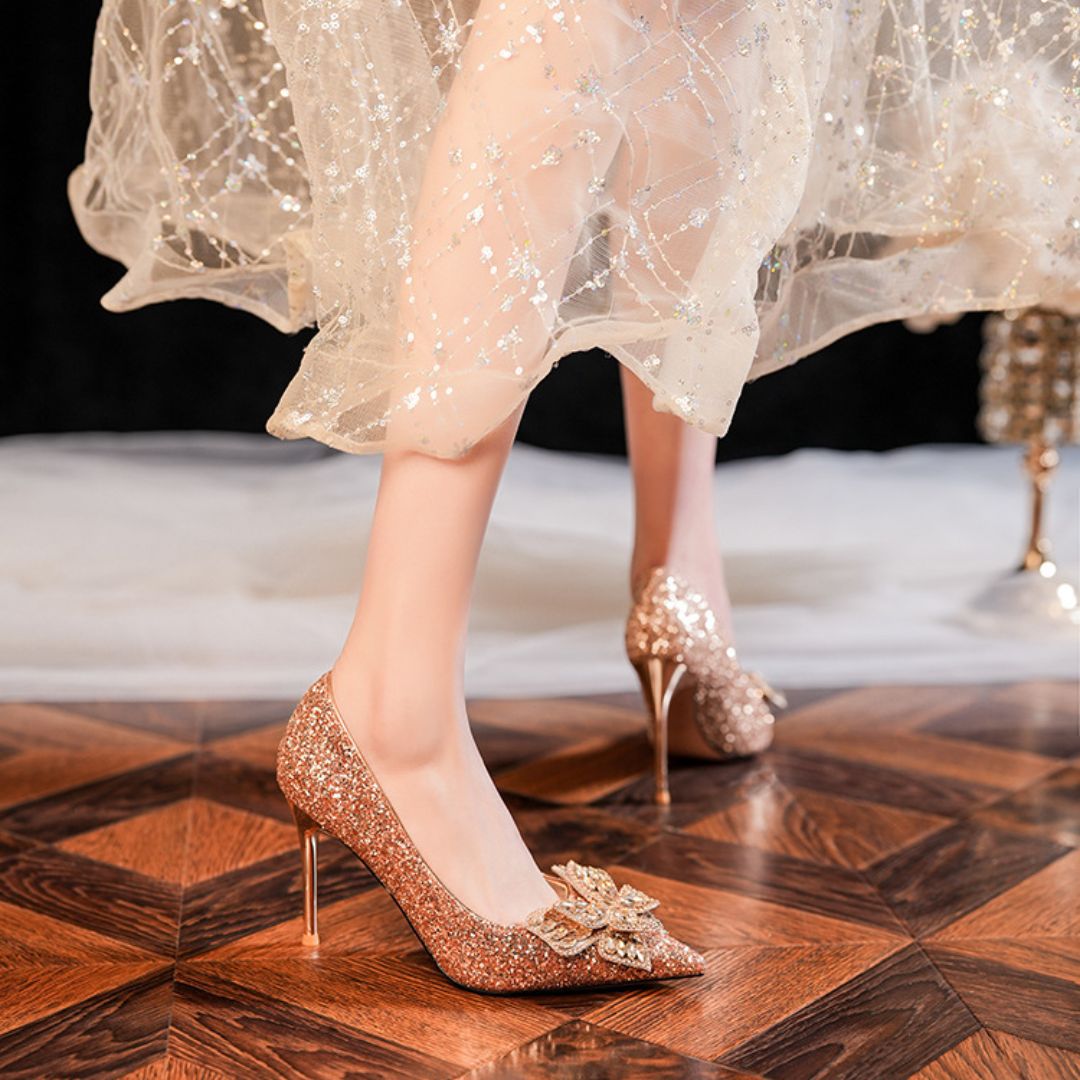 Malika champagne bridal heels styled for wedding reception
