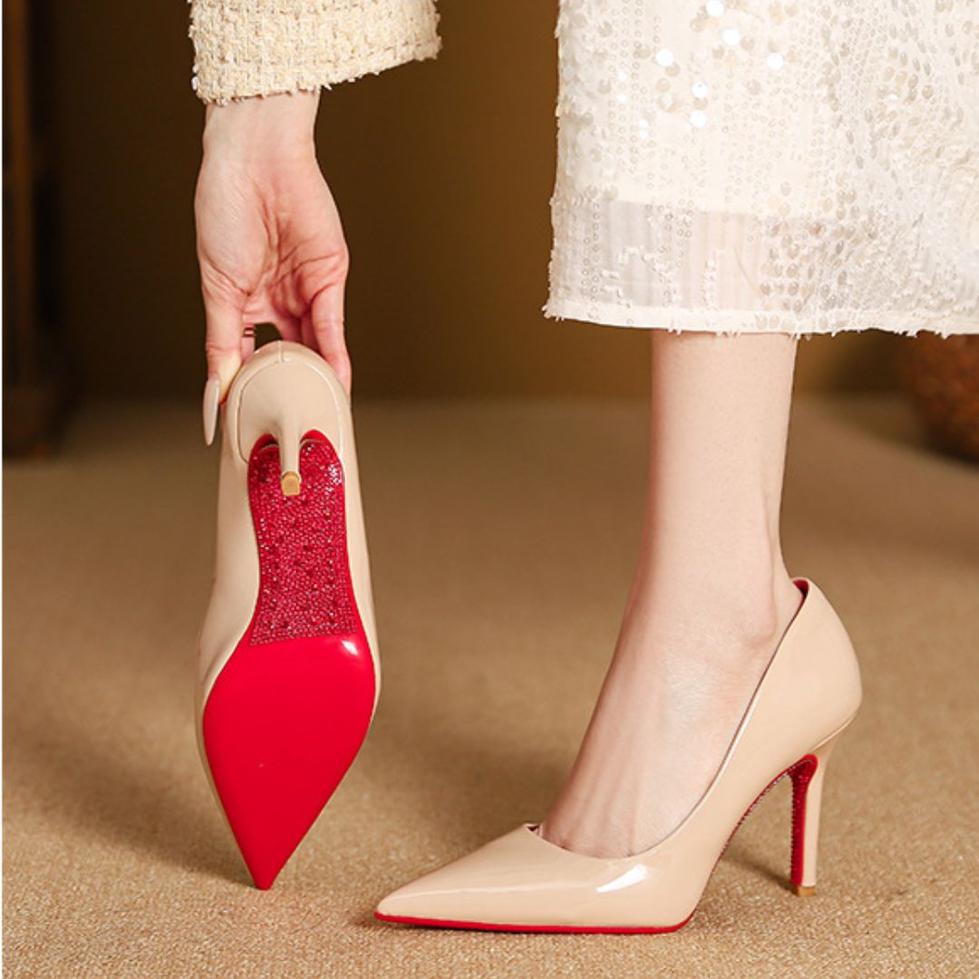 Beige high-Party heel shoes with red  rhinestone sole
