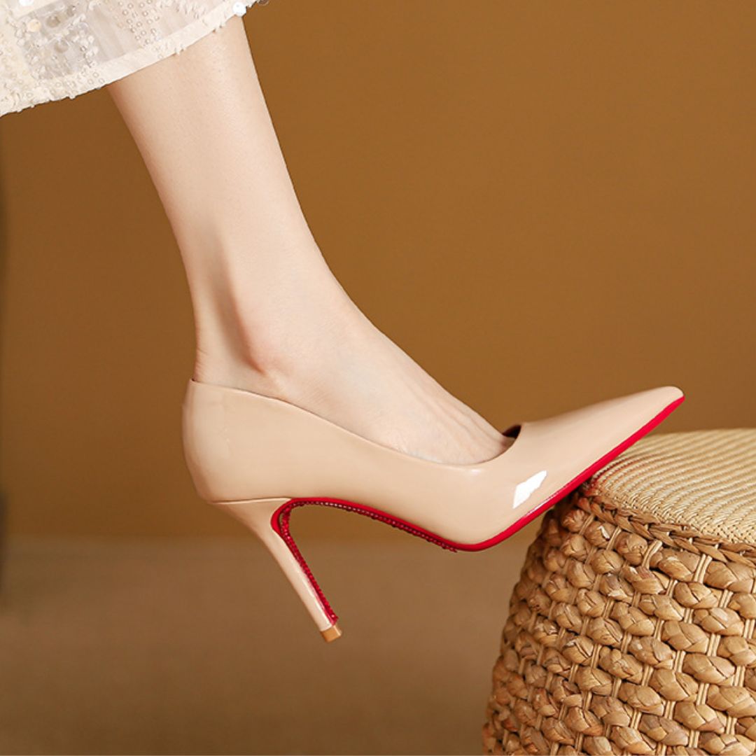 Beige high-Party heel shoes with red  rhinestone sole