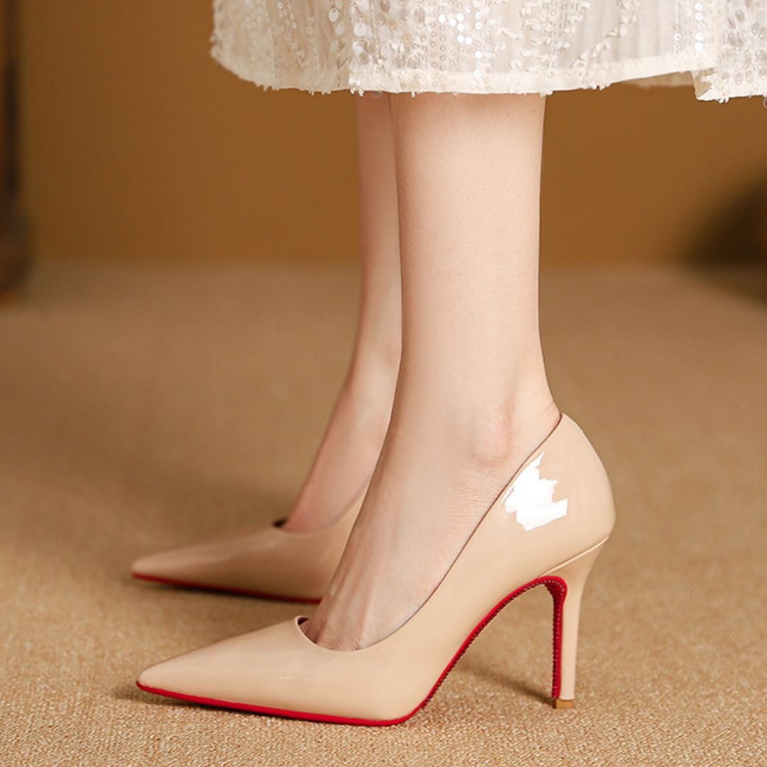 Beige high-Party heel shoes with red  rhinestone sole