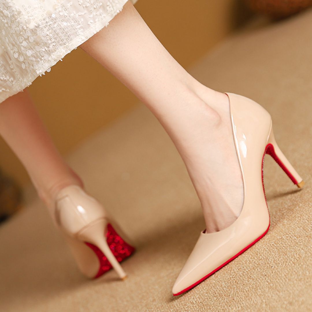 Beige high-Party heel shoes with red  rhinestone sole