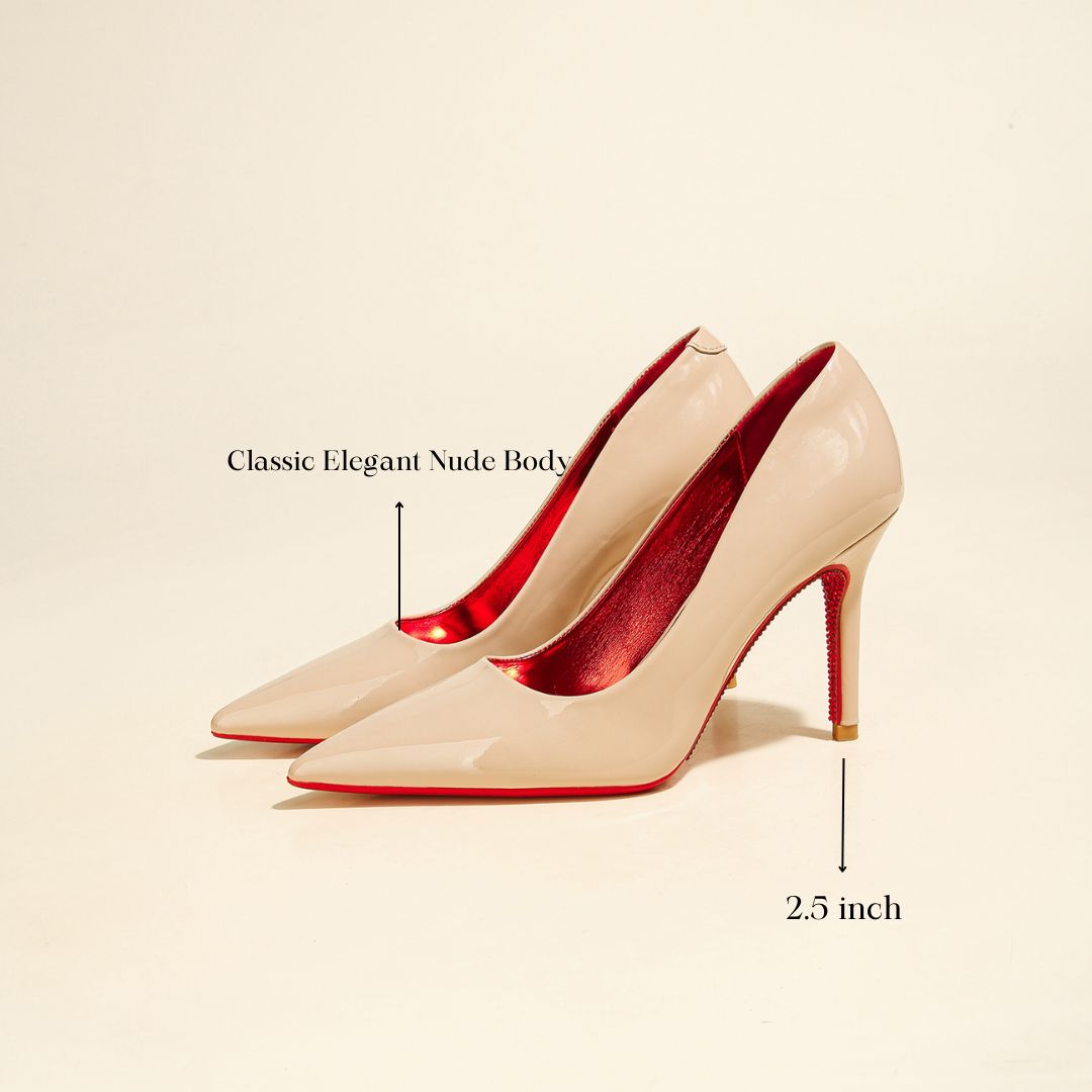 Beige high-Party heel shoes with red  rhinestone sole