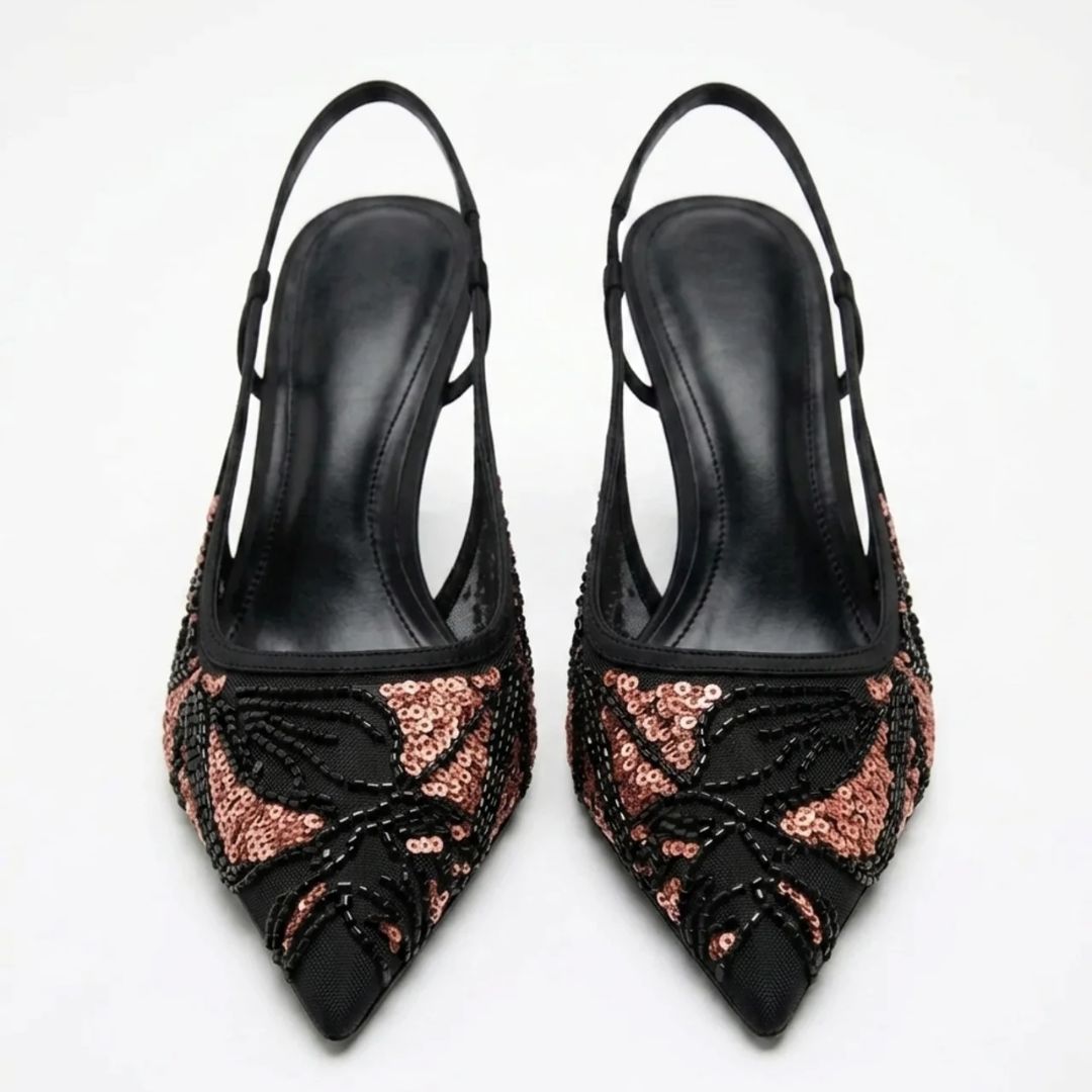 Night Star party heel close-up gold sequin toe detail – Ozzaro