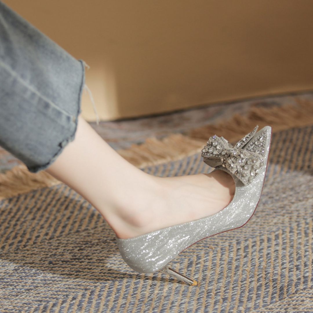 Shehzadi silver stiletto heel height and sole view