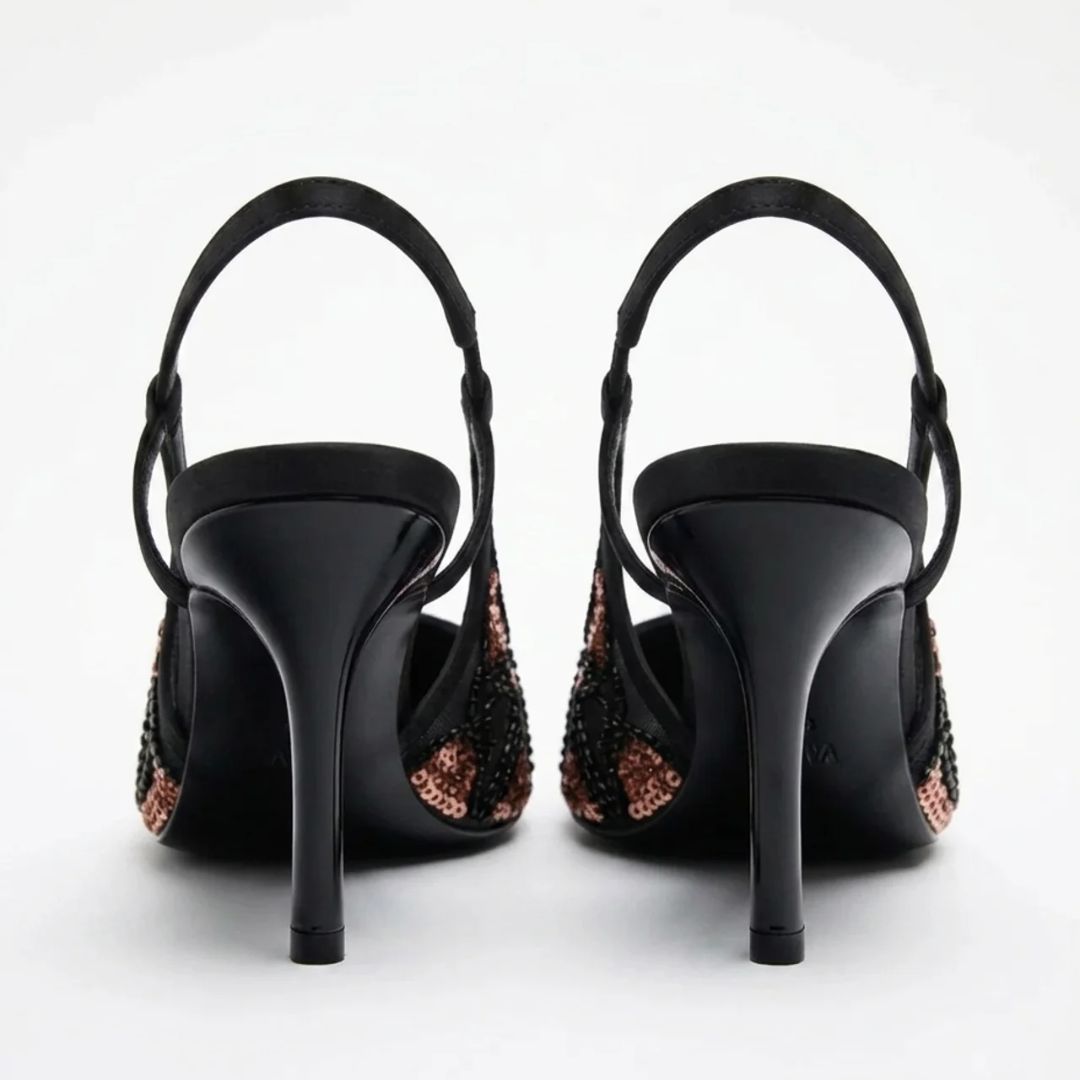 Night Star black evening heel worn – cocktail party shoes for Indian women