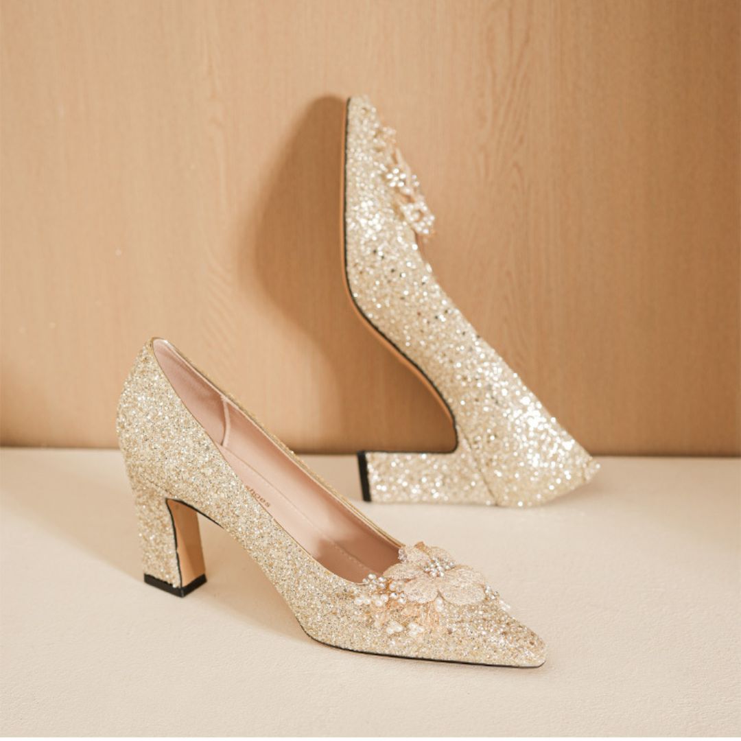 Gulshan Glow — Champagne Gold Block Heels | Ozzaro