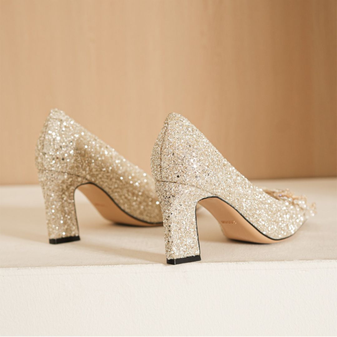 Gulshan Glow — Champagne Gold Block Heels | Ozzaro