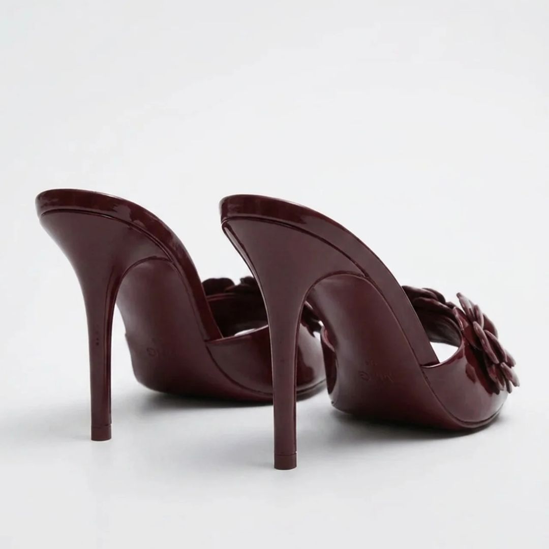 Bloom Petal floral appliqué close-up detail – Ozzaro party heel