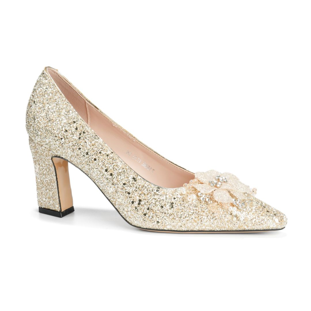 Gulshan Glow — Champagne Gold Block Heels | Ozzaro
