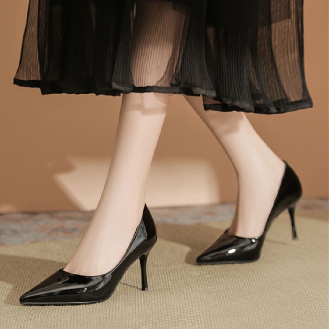Bindaas black glossy pointed-toe stiletto heels - front view