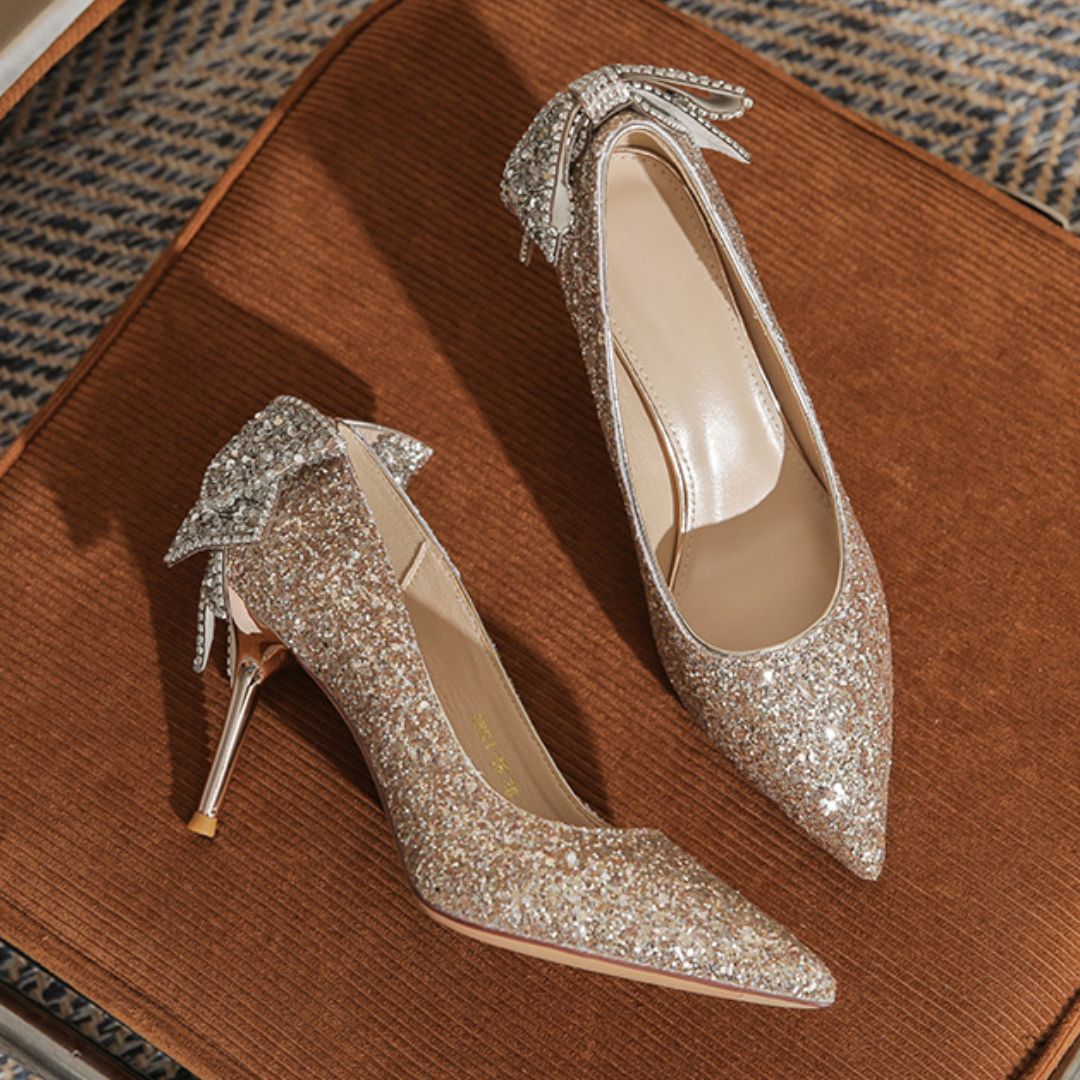 Anmol champagne bridal stiletto heels - side profile