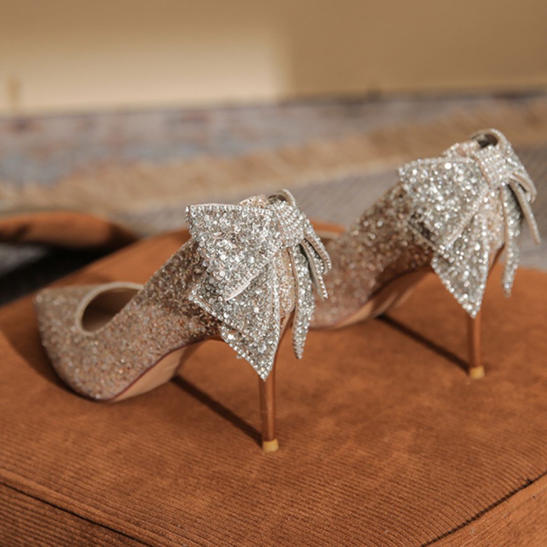 Anmol champagne heels rhinestone French bow back detail