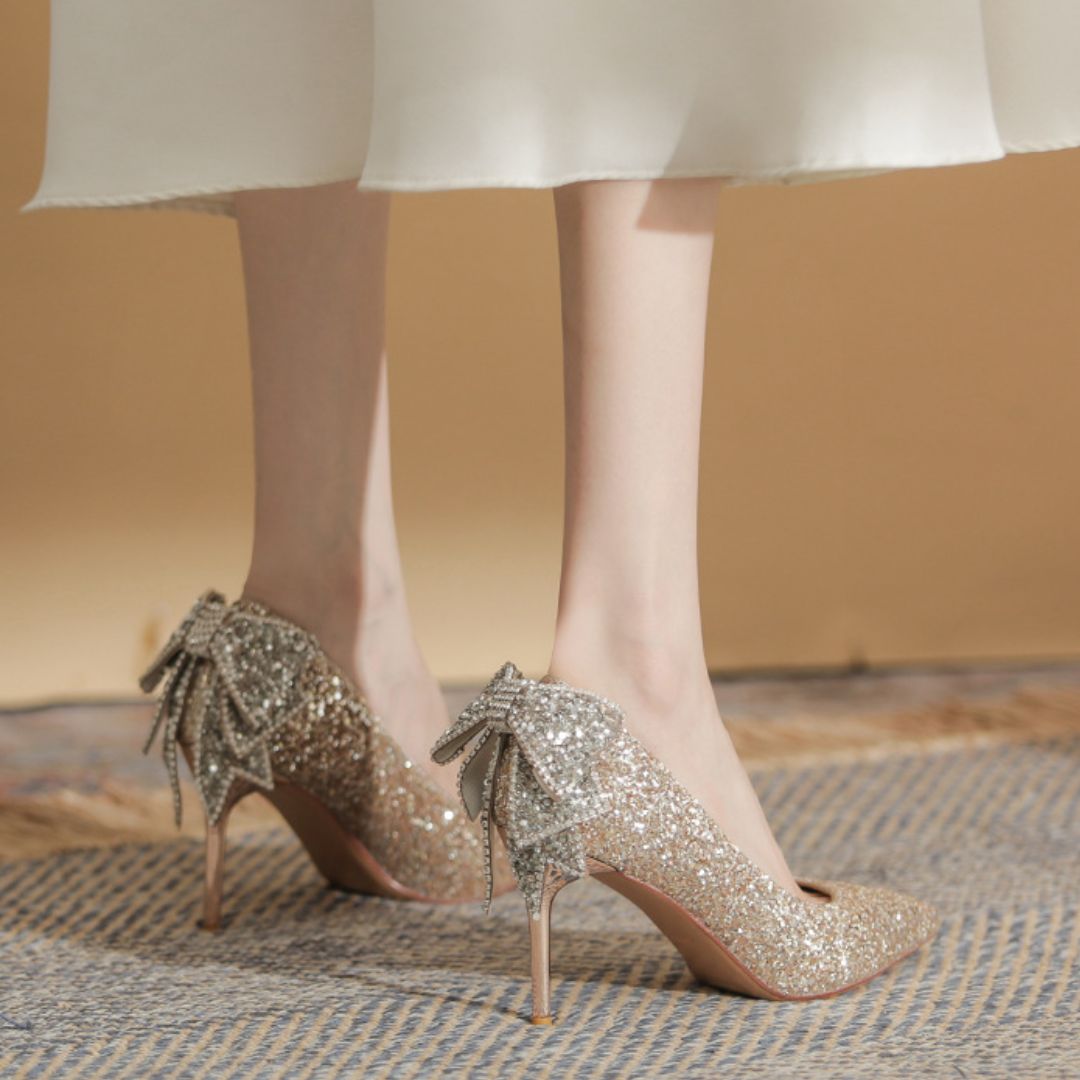 Anmol champagne bridal heels styled for cocktail and wedding guest