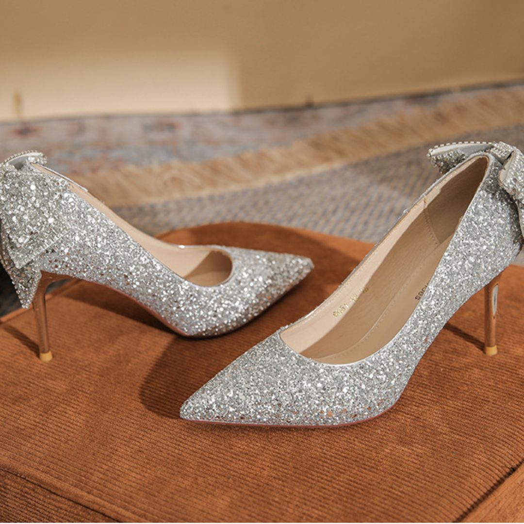 Anmol silver bridal stiletto heels - side profile