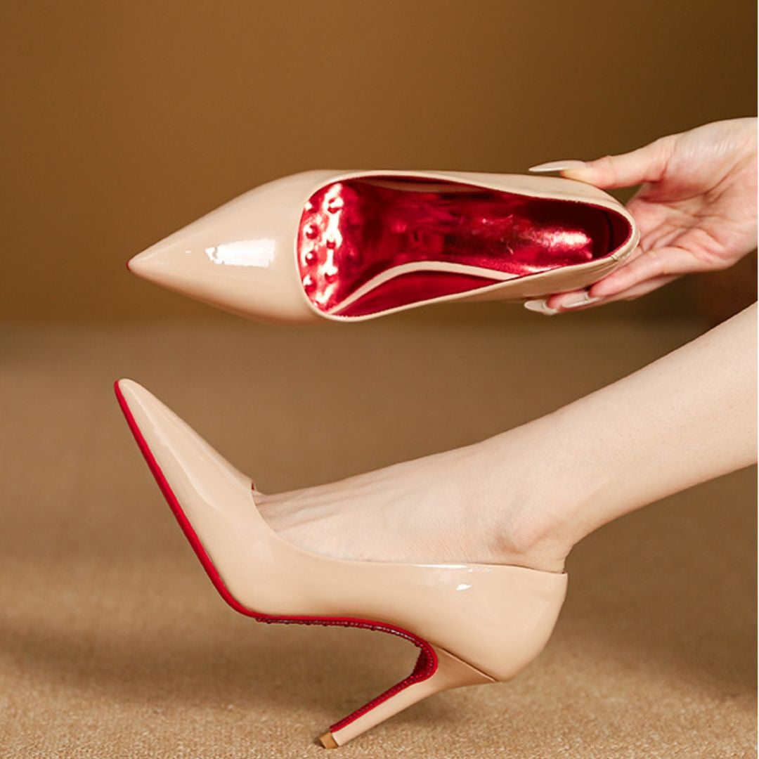 Beige high-Party heel shoes with red  rhinestone sole