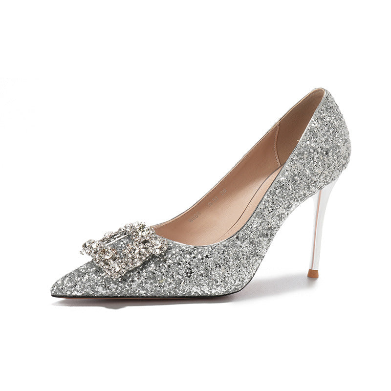 Buckle Glitter Heels(Silver)